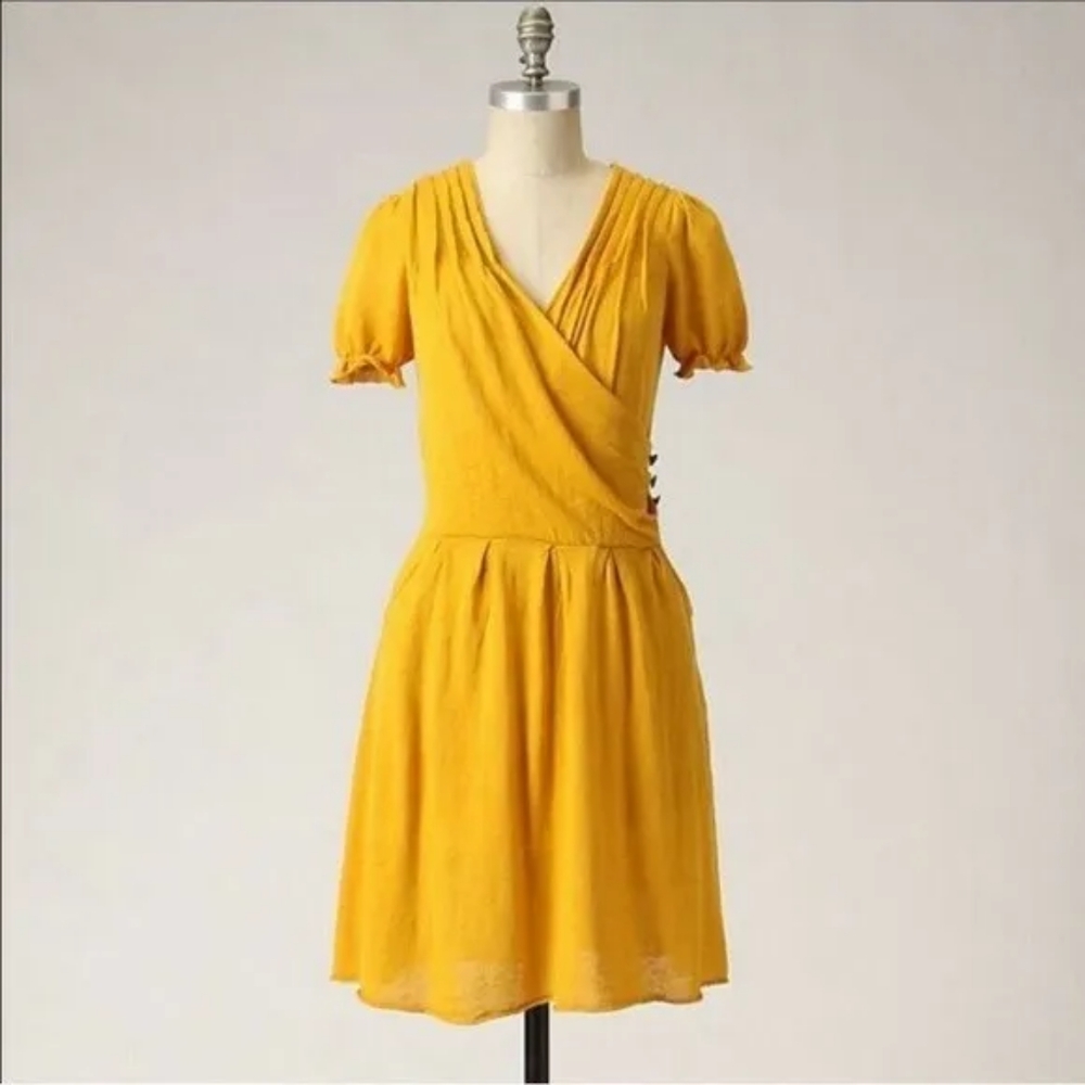 MOTH Anthropologie mustard yellow marigold linen knit dress beautiful
